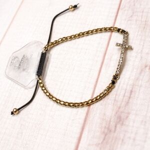 Gold Tone Rhinestone Cross Adjustable Bracelet Chain & Cord NWT